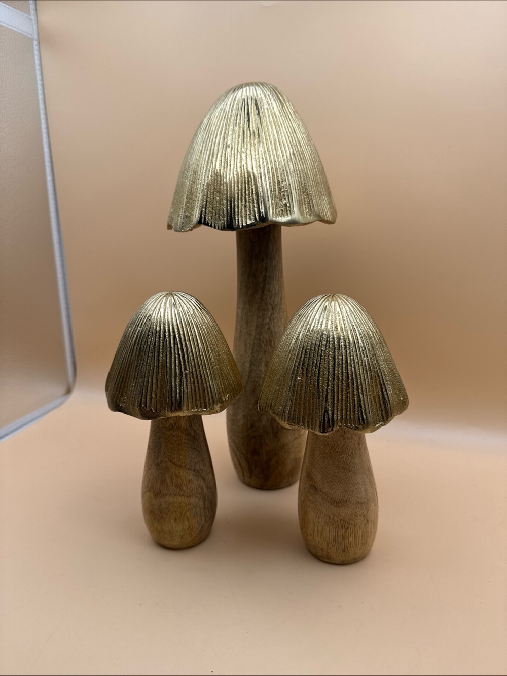 Vintage Gold-Top Wooden Mushroom Trio